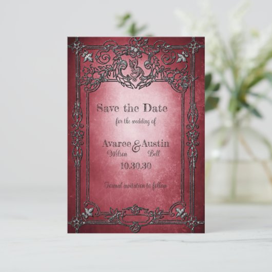 Gothic Style Dark Burgundy Silver Frame Wedding Save The Date (Stehend Vorderseite)