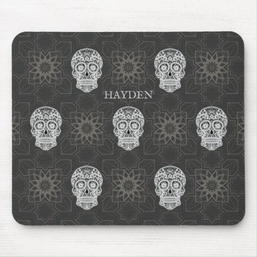 Gothic Sugar Skull and Grey Geometric Pattern Mousepad (Vorne)