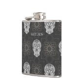 Gothic Sugar Skull and Grey Geometric Personalised Flachmann (Links)