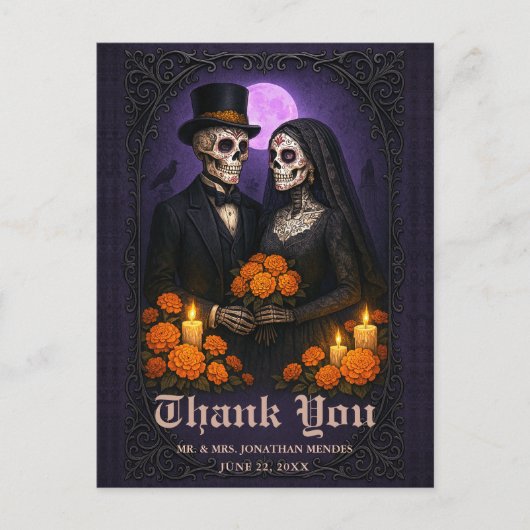 Gothic Sugar Skull Couple Wedding Thank You Postkarte (Vorderseite)