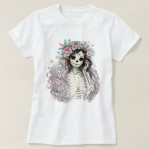 Gothic Sugar Skull Mädchen Florale Krone T-Shirt
