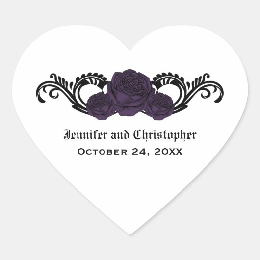 Gothic Swirl Rose Hochzeitsticker, Lila Herz-Aufkleber (Vorderseite)