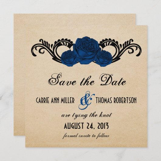 Gothic Swirl Rose Save the Date einladen, blau (Vorne/Hinten)