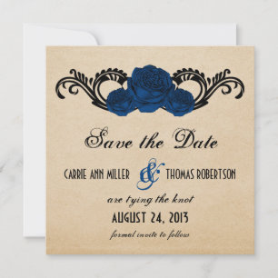 Gothic Swirl Rose Save the Date einladen, blau