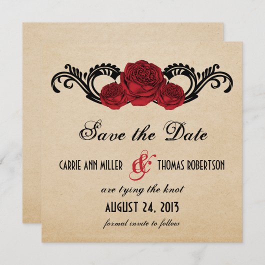 Gothic Swirl Rose Save the Date einladen, rot (Vorne/Hinten)