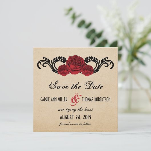 Gothic Swirl Rose Save the Date einladen, rot (Stehend Vorderseite)