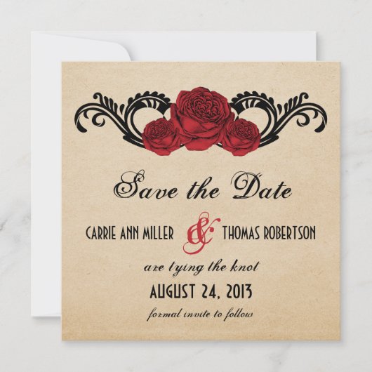 Gothic Swirl Rose Save the Date einladen, rot (Vorderseite)
