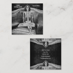 Gothic Tattoo-Studio mit schwarzen und weißen Skel Quadratische Visitenkarte