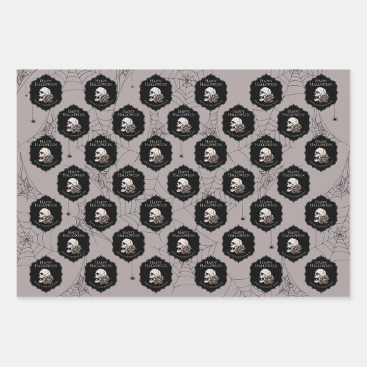 Gothic Taupe Gray Skulls and Stripes Halloween Geschenkpapier Set (Vorderseite)
