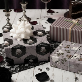 Gothic Taupe Gray Skulls and Stripes Halloween Geschenkpapier Set