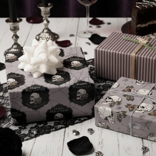 Gothic Taupe Gray Skulls and Stripes Halloween Geschenkpapier Set