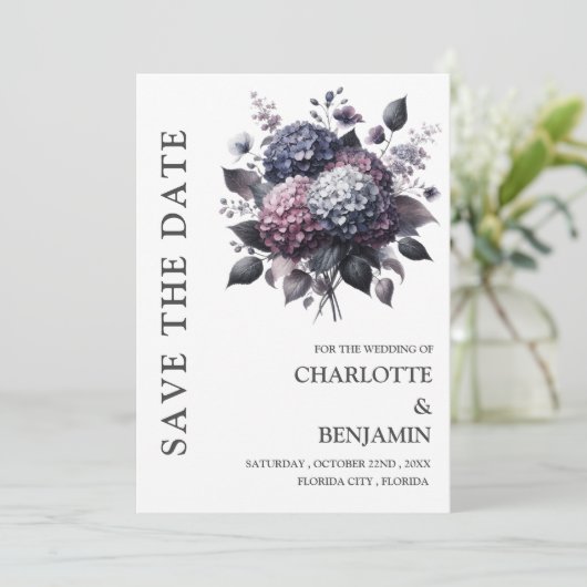 Gothic Theme Hydrangea Floral Wedding Save The Date (Stehend Vorderseite)