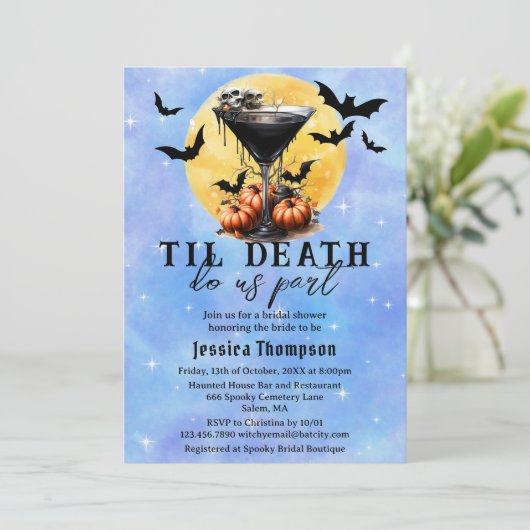 Gothic Til Death Do us Part Martini Brautparty Einladung (Stehend Vorderseite)