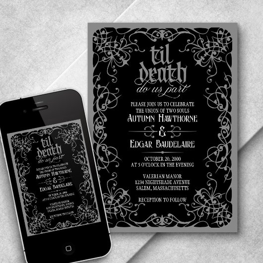 Gothic Til Death Gray Black Wedding Einladung
