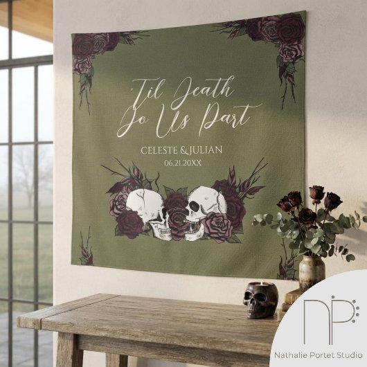 Gothic Til Death Olivgrüner Blumen-Schädel Wandteppich