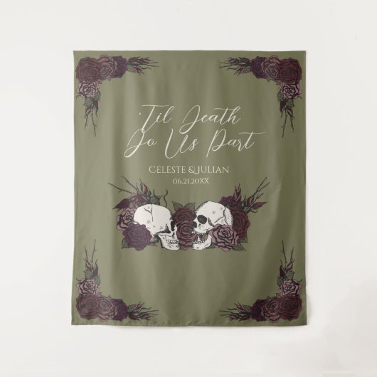 Gothic Til Death Olivgrüner Blumen-Schädel Wandteppich (Vorderseite)