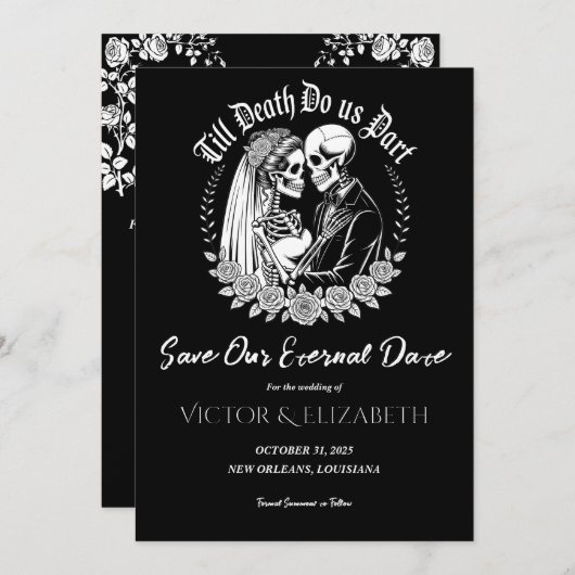 Gothic Till Death Black Elegantes Skelett Hochzeit Save The Date (Vorne/Hinten)