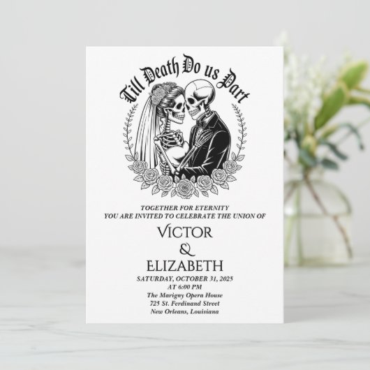 Gothic Till Death Do us Part Skeletts Hochzeit Einladung (Stehend Vorderseite)