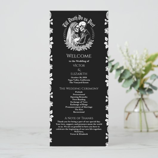 Gothic Till Death Do us Part Skeletts Hochzeit Programm (Stehend Vorderseite)