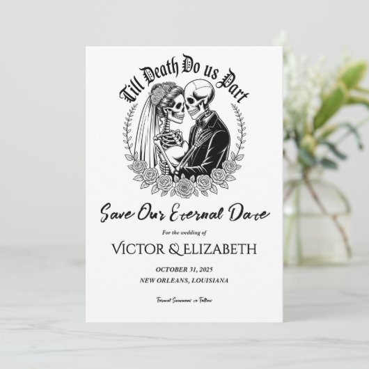 Gothic Till Death Do us Part Skeletts Hochzeit Save The Date (Stehend Vorderseite)