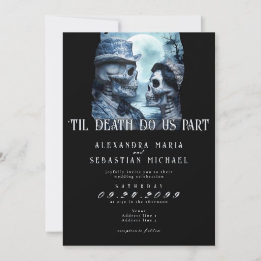 Gothic Till Death Porcelain Skulls Moon Wedding Einladung (Vorderseite)