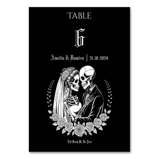 Gothic Till Death Skeleton Couple Floral Wedding Tischnummer (Vorderseite)