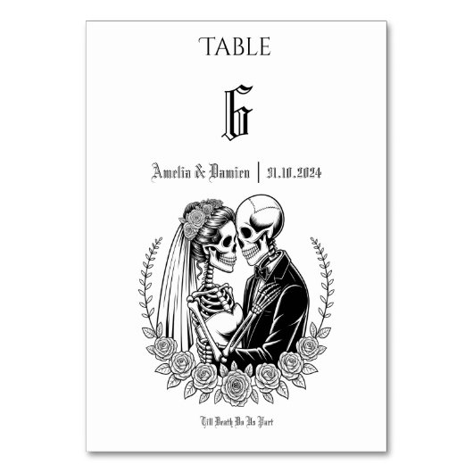 Gothic Till Death Skeleton Couple Floral Wedding Tischnummer (Vorderseite)