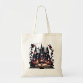 Gothic Tote Bag mit Open Book, Castle & Rose Tragetasche