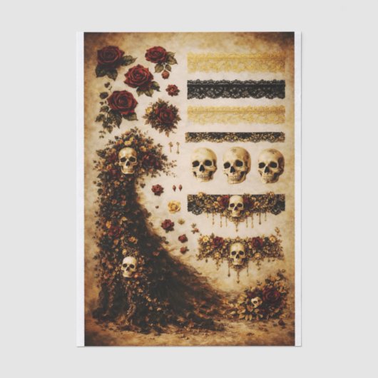 Gothic Totenkopf Rose Mini Elemente FJ5L Decoupage Seidenpapier (Vorderseite)