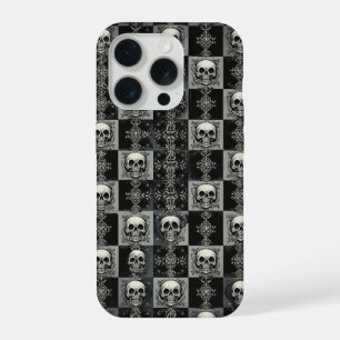 Gothic-Totenschädel- und Damast-Schachbrett-Handyh iPhone 15 Pro Hülle