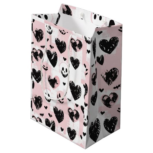 Gothic Valentine Black and Pink Hearts Mittlere Geschenktüte (Rückseite Schrägansicht)