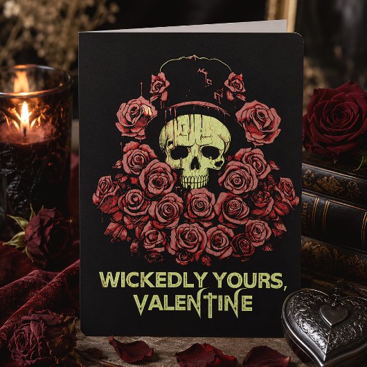 Gothic Valentine Skull mit Rose Feiertagskarte