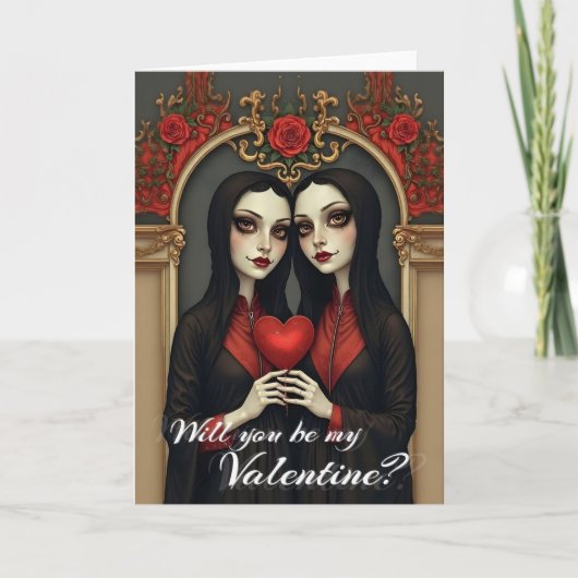 Gothic-Valentins-Zwillinge mit rotem Herzen Karte (Vorderseite)
