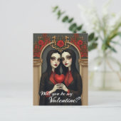 Gothic-Valentins-Zwillinge mit rotem Herzen Postkarte (Stehend Vorderseite)