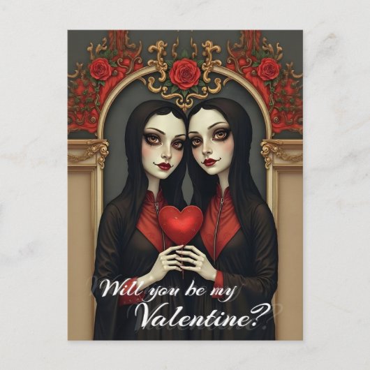 Gothic-Valentins-Zwillinge mit rotem Herzen Postkarte (Vorderseite)