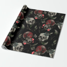 Gothic Valentinstag Red Black Rose Skulls Geschenkpapier
