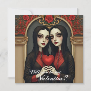 Gothic-Valentinszwillinge mit rotem Herzen Mitteilungskarte