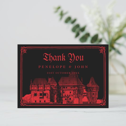 Gothic Vampire Castle Black Red Wedding Dankeskarte (Stehend Vorderseite)