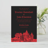 Gothic Vampire Castle Black Red Wedding Einladung (Stehend Vorderseite)