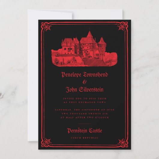 Gothic Vampire Castle Border Black Red Wedding Einladung (Vorderseite)