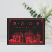 Gothic Vampire Castle Border Black Red Wedding RSVP Karte (Stehend Vorderseite)