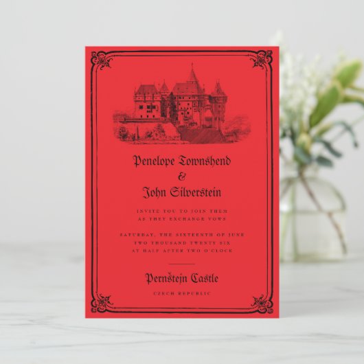 Gothic Vampire Castle Border Red Wedding Einladung (Stehend Vorderseite)