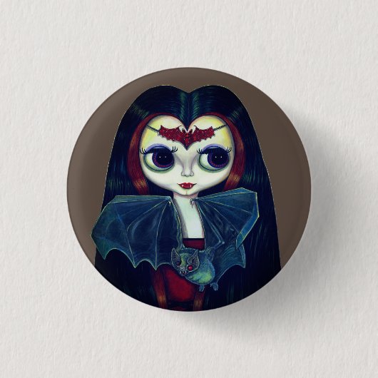 Gothic Vampire Girl mit Bat Big Eyes Niedlich Button (Vorderseite)