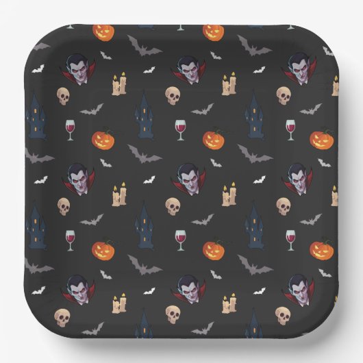 🧛 ‍ ♂️ Gothic Vampire Halloween Black Paper Plate Pappteller (Vorderseite)