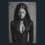 Gothic Velvet Hooded Portrait Closed Eyes Poster<br><div class="desc">A mesmerizing black-and-white portrait shows a woman with eyes softly closed beneath a deep velvet hood. Sleek dark hair parts down the center while an elaborate high-necked gothic gown with structured corset and plunging neckline accentuates her graceful form. Intricate metallic details and ornate earrings add subtle luxury against a textured...</div>