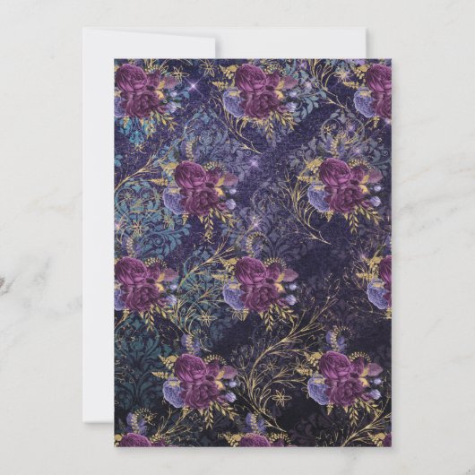 Gothic Verziert Dark Lila Floral Gold Wedding Einladung (Rückseite)