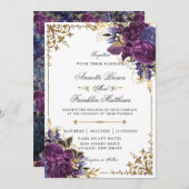 Gothic Verziert Dark Lila Floral Gold Wedding Einladung (Vorne/Hinten)