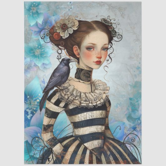 Gothic Victorian Girl & Raven Teal Florals Seidenpapier (Vorderseite)