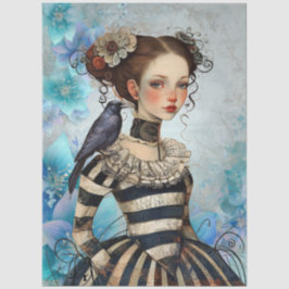 Gothic Victorian Girl & Raven Teal Florals Seidenpapier