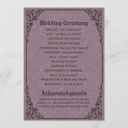 Gothic Viktorianisch Damask Hochzeitsprogramme Programm (Rückseite)